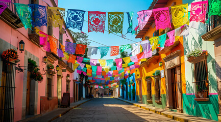 Naklejka premium A street decorated with colorful paper cutouts and pennants in Mexican folk art decorations. Colorful flags hang from buildings