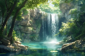 Amidst a dense, emerald forest, a secluded waterfall cascades gracefully into a crystalline pool...