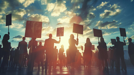 Silhouette of People holding placard during sunset 