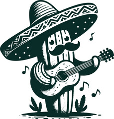 Vector stencil illustration of a cactus musician in sombrero playing guitar