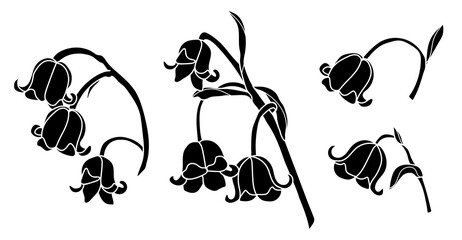 A series of isolated flower in cute hand drawn style. Silhouette Lily of the valley branch on transparent background. Drawing of floral elements for coloring book or fragrance design. Volume 4.