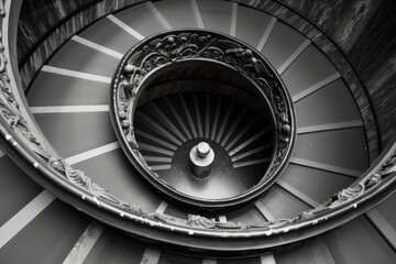 Black and white spiral staircase. Architectural design with a monochromatic color scheme.