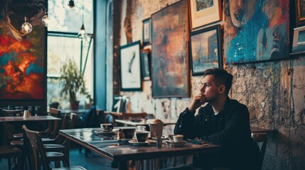 Stylish young man enjoying a coffee and art exhibition at a gallery cafe. Copy space.