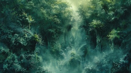 Emerald Dragon Lair: An emerald dragon lair hidden deep within a lush forest, painted with fantastical watercolor details. - obrazy, fototapety, plakaty