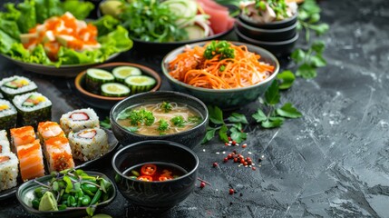 Assorted Sushi Dishes Arranged in a Circle