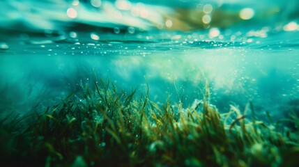 Fototapeta premium Defocused aquatic dreamscape The distorted shapes and colors of a submerged landscape captured through a defocused lens creating a dreamy and surreal version of an underwater escape. .