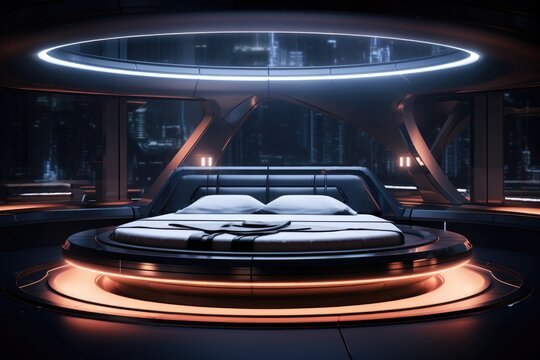 A portrait futuristic bedroom with a levitating bed and customizable ambient lighting, AI Generative