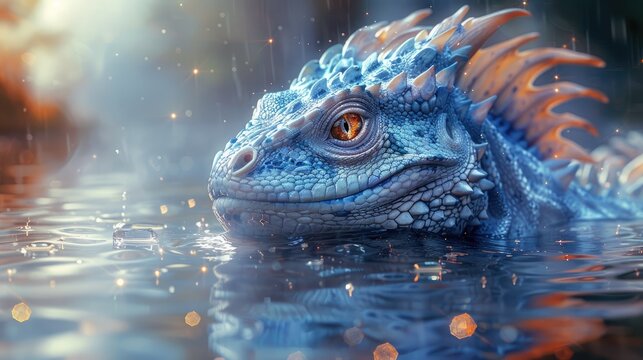 Majestic Water Dragon: A majestic water dragon emerging from the depths of a tranquil lake, painted with shimmering watercolor accents.
