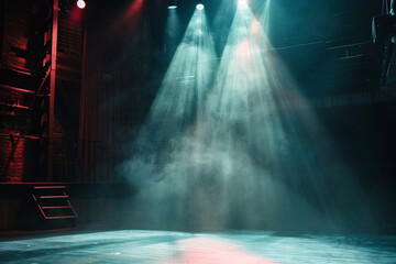 Close-up of stage lights casting dramatic shadows on an empty stage, setting the mood for an upcoming entertainment show