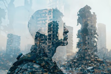 Double Exposure Portrait of a hopeful for the future soldier letting see the consequences of a war in a destroyed city