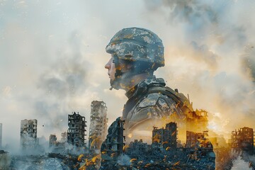 Double Exposure Portrait of a hopeful for the future soldier letting see the consequences of a war in a destroyed city
