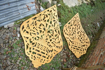 beautiful carvings of mountan wayang typical of the Indonesian Javanese tribe. gunungan is wayang decoration and home decoration