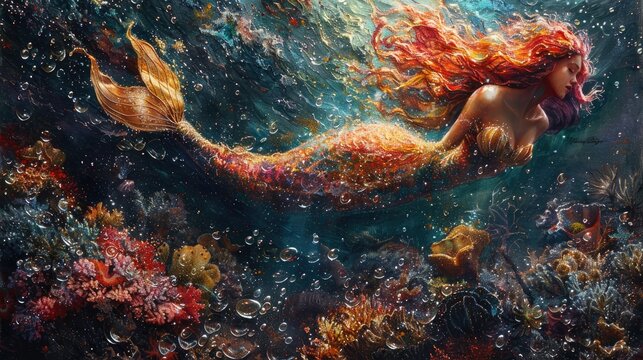 Starry-Eyed Mermaid in Coral Reef: A starry-eyed mermaid swimming amidst a vibrant coral reef, painted with luminous watercolor pigments to evoke the mystical allure of the sea.