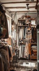 Trendy eco-friendly shop displaying a sale of second-hand, fashionable garments, highlighting environmental sustainability