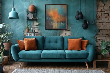 Teal sofa against an exposed brick wall, accented with orange pillows and eclectic decor