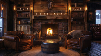 A cozy fireplace casting warm hues on rustic wooden walls, with plush leather chairs inviting relaxation. - Powered by Adobe