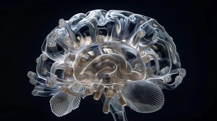 A 3D reconstruction of a brain scan, emphasizing the ventricles, white matter, and gray matter in a translucent visualization, valuable for studying brain anatomy and pathology - Powered by Adobe
