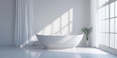 Modern bathroom interior with a freestanding white bathtub near a large window and sheer curtains