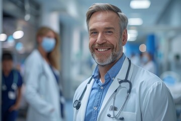 Confident mature male doctor smiling at the camera in a hospital setting with colleagues in the background