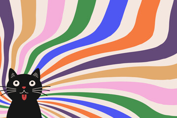 Groovy abstract rainbow swirl background with cute black cat. Retro vector design in 1960-1970s style. Vintage sunburst backdrop