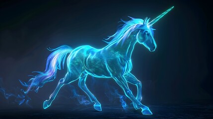Obraz na płótnie Canvas Mystical Glowing Blue Unicorn Striking Playful Pose in Darkness