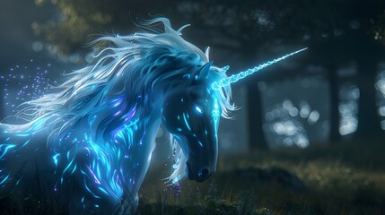 Mesmerizing Neon Unicorn Glowing in the Mystical Forest Darkness - 796719731