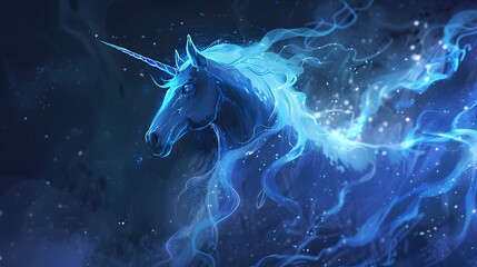 Mysterious Neon Blue Unicorn Emerging from Ethereal Shadows - 796719758