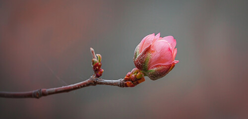 A close-up of a single cherry blossom bud, its delicate pink petals just beginning to unfurl,...