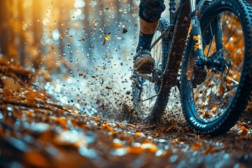 Detailed shot of a cyclist's muddy leg and wheel in motion on a wet trail, highlighting the action and intensity - obrazy, fototapety, plakaty
