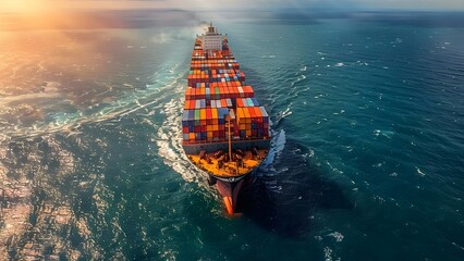 Aerial view of a container ship in open sea for shipping logistics. Concept Shipping Logistics, Transportation Industry, Container Ship, Aerial View, Open Sea