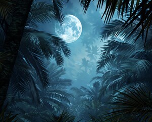 A dark and mysterious jungle at night. The full moon is shining through the tall palm trees. There is a river running through the middle of the jungle.