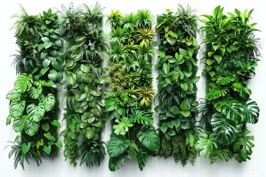 A lush green vertical garden with a variety of plants and leaves.