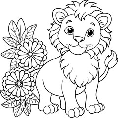 Lion and Flowers Line Art vector