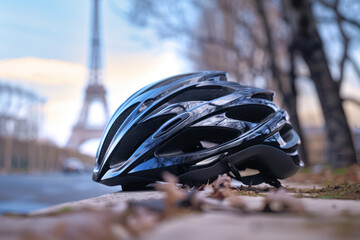 cycling helmet on parisian street with eiffel tower in the background, olympic games concept - obrazy, fototapety, plakaty