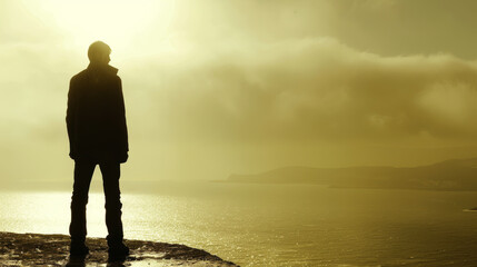 man with Longing: Aching heart, wistful sighs, yearning for distant horizons. - obrazy, fototapety, plakaty