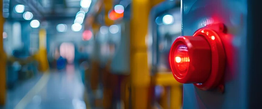 Emergency stop button on equipment, with a blurred workshop setting