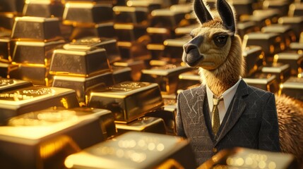 Naklejka premium A llama dressed in a sharp suit stands in a field of gold bars, highlighting investment success in unconventional business ventures, business concept