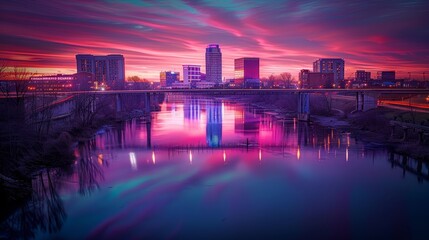 Obraz premium Cityscape reflection in tranquil river mirroring vibrant urban scene for a mesmerizing mirror effect