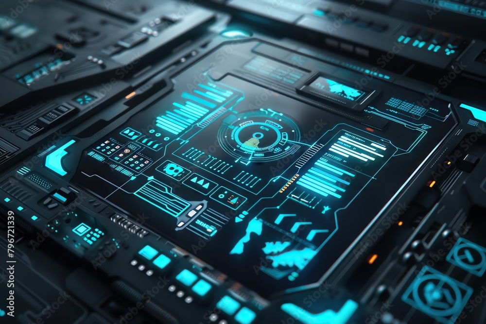 Wall mural futuristic interface with a detailed circuit diagram illuminated in blue, featured on a minimalist g