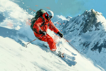 Caricature of a Skier on the Mountain Slopes.  Generated Image.  A digital illustration of a fast moving skier on the mountain slopes.