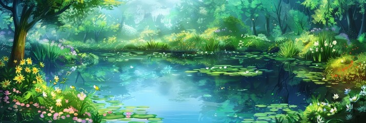 A quiet pond reflects the azure sky, surrounded by lush greenery and blooming flowers, kawaii water color