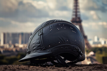 equestrian helmet with eiffel tower silhouette in the paris skyline, olympic games concept