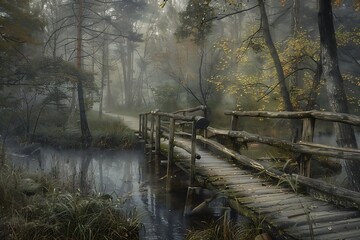 At the edge of a mist-shrouded forest, a rustic wooden bridge spans a tranquil stream, its weathered planks echoing the passage of time. - Powered by Adobe