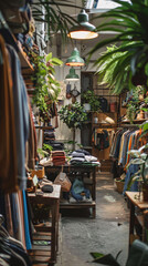 A second-hand clothing store interior, emphasizing the concept of reuse and recycle in the sustainable fashion industry