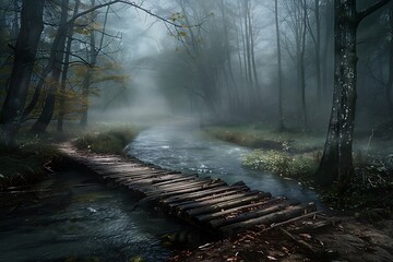 At the edge of a mist-shrouded forest, a rustic wooden bridge spans a tranquil stream, its weathered planks echoing the passage of time.
