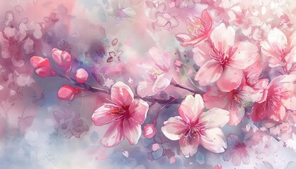 A spray of cherry blossoms whispers the arrival of spring with a blush of pink, kawaii water color