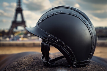stylish equestrian helmet on parisian ground with eiffel tower view, olympic games concept - obrazy, fototapety, plakaty