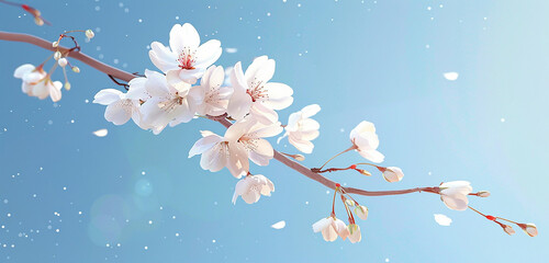 A solitary cherry blossom branch swaying gently in the breeze against a clear blue sky, petals...
