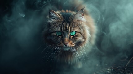 A fluffy cat with piercing green eyes standing under a veil of mist