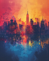 A colorful graffiti spray painted splatter image of the New York City skyline. Blocky, thick outlines and shadows. Vector Image is isolated on a plain white background